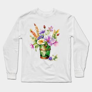 Watercolor Pail Filled with Spring Flowers Long Sleeve T-Shirt